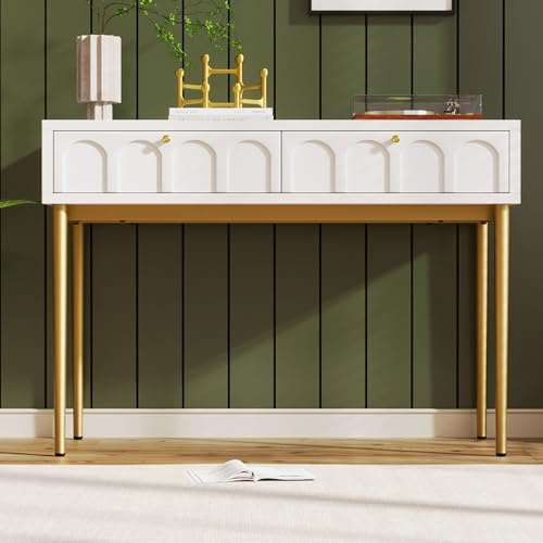 KAZZIO Schminktisch mit 2 Schubladen 76.5cm Höhe,Kommode Schlafzimmer Highboard Weiss Sideboard Schubladenkommode Kommode für Schlafzimmer, Creme-Weiß (Schminktisch)