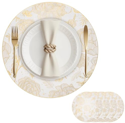 Tischsets 4er Set platzset rund abwaschbar PVC Gold Hitzebeständige 38cm Platzdeckchen Rose Blumen rutschfest Platzteller für Party Hochzeit Restaurant Weihnachtstag Gold Weiß