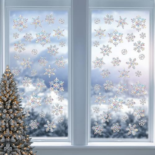 Fensterbilder Weihnachten,Weihnachten Deko,26 Schneeflocken Fensterdeko Weihnachten Vogelschutz Prisma Fensteraufkleber,Fensterbilder Weihnachten Selbstklebend,Deko Weihnachten Suncatcher window