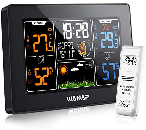 KLADNDER Wetteruhr, Funkwetterstation, Thermometer Und Hygrometer, Wetterstation Funk Mit AußEnsensor, Digital Farbdisplay Dcf Funkuhr, Innen Und AußEn Temperatur, HäNgen, Schwarz