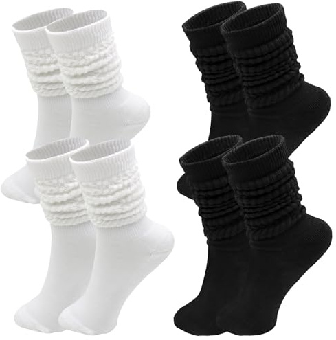 KASURE 4 Paare Damen Slouch Socken, Stulpen Socken Trachtenstrümpfe Lange Socken Extra lange Baumwolle stricken Knie hoch dick Scrunch Sock Baumwoll Strickstiefel Strümpfe 39-44