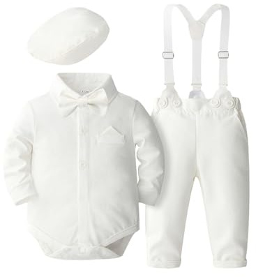 Fldy Baby Jungen Kleidung Set Festlich Fliege Strampler Hosenträger Hose Und Mütze 3tlg Set Für Hochzeit Taufe Party 0-24 Monate Weiß 62-68