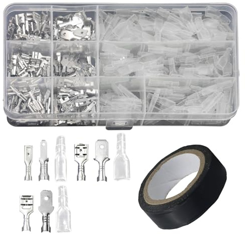 Set di 360 capicorda piatti, 2,8 mm, 4,8 mm, 6,3 mm, connettore piatto maschio e femmina con manicotto isolante, connettore elettrico a crimpare con 1 rotolo di nastro isolante