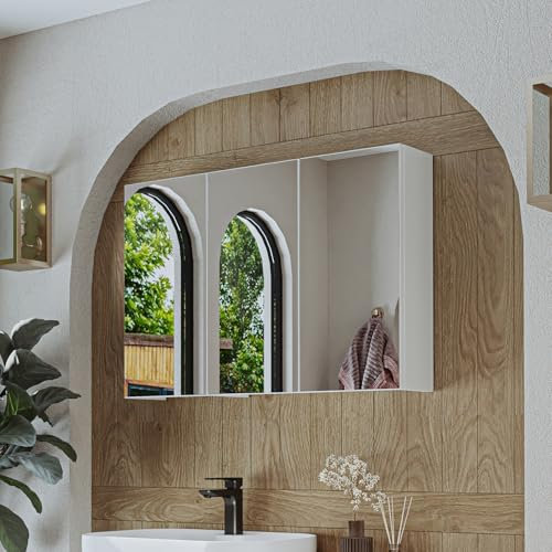 ROOMART Gusto - Juego de muebles de baño (90 cm, 4 piezas, con lavabo de cerámica, armario con espejo), color blanco
