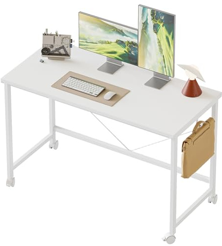 Mericonia 100 cm Computertisch mit Rollen, Gaming-Schreibtisch für kleine Räume, moderner Schreibtisches im schlichten Stil für das Homeoffice, Schreibtische für Studenten, Weiß
