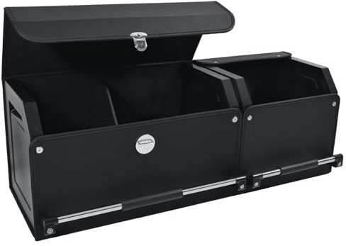 XCF Organizador de Maletero de Coche 2 en 1 – Caja de Almacenamiento con Tapa, 82L Gran Capacidad, Asa Robusta y Cuero Duradero, para Coches y SUVs (92x29x31cm, Negro)