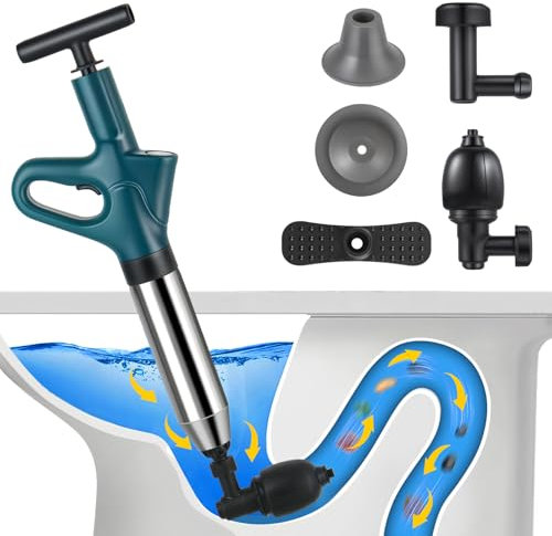 Stura WC,Pompa Stura Scarichi con Barometro,Molto Rispettoso Dell'Ambiente,Sturalavandini a Pressione con Quattro Diverse Ventose Adatto per Scarichi A Pavimento (Blau)