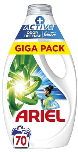 Ariel +Active Lessive Liquide, 70 Lavages (3.15L), Élimine les Odeurs de Transpiration Même Après 7 Jours avec la Technologie Febreze, Impeccable Même à Froid, Fabriqué en France