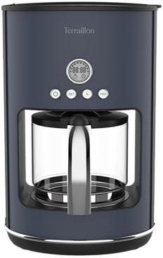 Terraillon- NEW MOON- Cafetière filtre Electrique, Programmable, Verseuse verre,1080W, Capacité 1,25L, Maintien au chaud, Fonction anti-goutte, Filtre amovible, Corps en Inox peint, Bleu