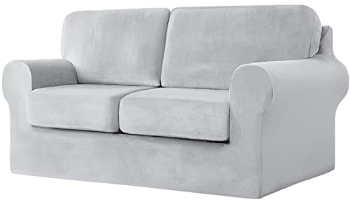 Light Grey 5 Piece Stretch Velvet Loveseat Cover – Anti Slip Sofa Slipcovers for 2 Seater Couch with Separate Backrests & Cushions Elastic Band Furniture Protector