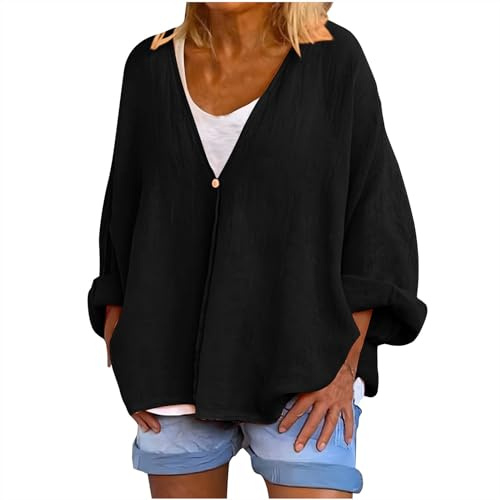 HAOLEI Cardigan Oversize da Donna in Cotone e Lino, a Maniche Lunghe, Aperto sul Davanti, Giacca Estiva, Tinta Unita, Comodo, vestibilità Larga, Cardigan Casual per Tempo Libero