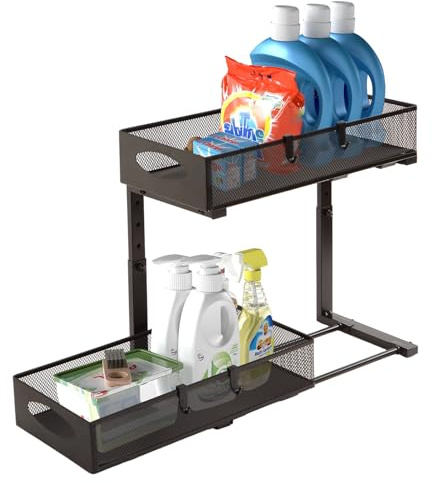Trintion Unter Waschbecken Regal Höhenverstellbar 2 Etagen Küchen Organizer mit Ausziehbaren Schubladen & Haken Spülschrank Organizer für Küche Bad Gewürzregal (Schwarz)