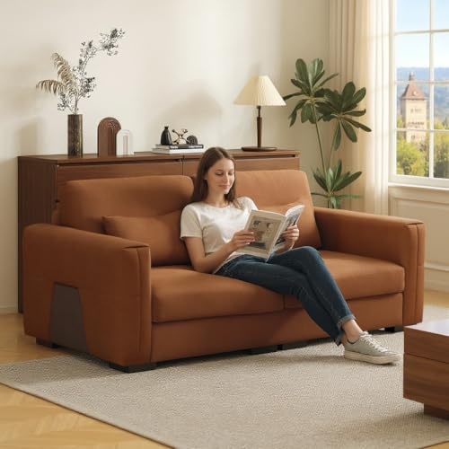 2-Sitzer Sofa aus Kunstleder in Orange-Braun – Modernes Ledersofa für Wohnzimmer, Komfort-Couch mit Breiten Armlehnen & weichen Kissen, Stilvolle Sitzgelegenheit für 2 Personen (2-Sitzer)