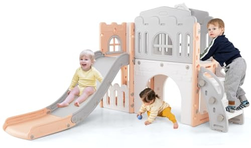 HOMASIS 9 in 1 Kinderrutsche Indoor, Kinder Rutsche mit Basketballkorb Teleskop Lenkrad Kletterleiter Tunnel Stauraum usw., Babyrutsche Spielplatz Rutschenset für Kinder ab 1 Jahr (Rosa+Grau)