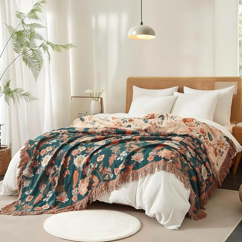 Wotcsil Plaid Canape Grande Taille Plaid Bohème Jeté de Canapé Boho Coton Jeté de Lit Ethnique Patchwork avec Motif 150x200 cm Multicolore Couvre Lit Matelassé Multicolore, (Vert Beige)