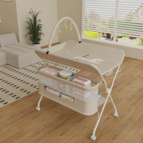 Table à Cambier Mobile – Cómoda cambiador plegable con cesta de almacenamiento – Mesa cambiador para recién nacidos y niños – 5 alturas ajustables H62 – 90 cm, soporte de juguetes educativos, color