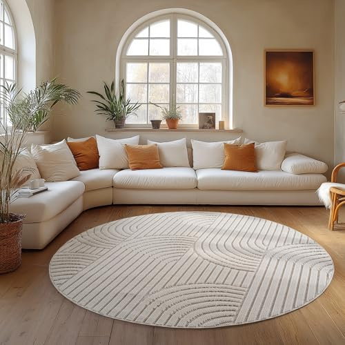 Carpettex Teppich Rund 200 cm Creme Boho Design Bouclé Schlingenflor Skandi Stil Modern Weich Strapazierfähig Pflegeleicht großer runder Teppich für Wohnzimmer Esszimmer Schlafzimmer