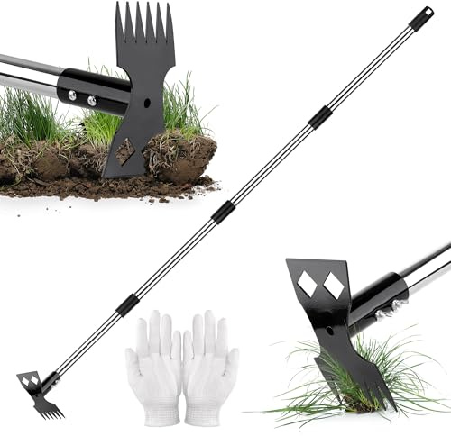 Zourglow Extractora de Malas Hierbas 160cm, 2 en 1 Combo de Azada y Rastrillo con Mango Largo y Guantes, Ajustable Herramientas de Jardinería para Patio, Césped, Terraza, Jardín