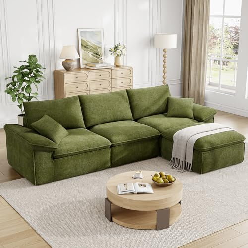 LIKIMIO CloudLuxe 120 Modular Sectional Sofa, Deep Seat Cloud Couch with Teddy Upholstery, Oversized 3-Seater with Ottoman, Boneless Couch for Living Room, No Assembly, Green