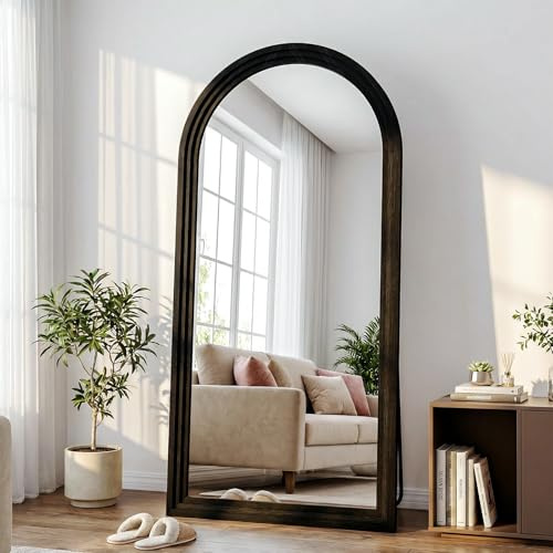 WISSMIELS 30x71 Full Length Mirror Solid Wood Frame, Arched Floor Mirror Full Length with Stand, Room Decor Big Full Body Mirror with HD Tempered Glass for Bedroom, Living Room, Black