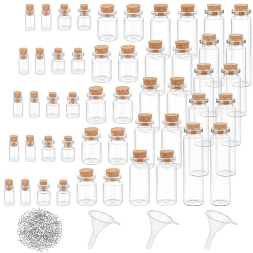 UNICRAFTALE 50Pcs Mini Glass Bottles 1-20 ml 5 Sizes Spell Jars with Corks 60 Eye Pin Bails 3 Funnels Apothecary Potion Bottles for DIY Art Crafts Party Favors Decoration Clear