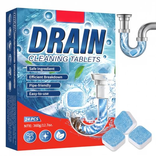 Pastiglie Effervescenti per Pulizia Scarichi 24pz, Deodorante per Scarichi Lavello, Elimina Cattivi Odori da Lavello Bagno Doccia WC, Manutenzione Mensile per Uso Quotidiano