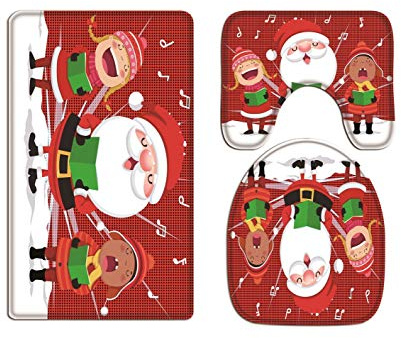 A.Monamour Badezimmer Badematte 3 Teilig Set Glückliche Kinder Mit Karikatur Weihnachtsmann Singen Weihnachtslieder Rote Bühnenhintergrundkunst Flanell Badteppiche Badvorleger Badgarnitur WC Vorleger