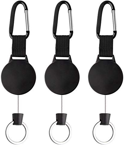 KUUQA 3 piezas Llaveros retráctiles Portacarretes de alta resistencia Carrete con cable de acero de 100 cm / 39 pulgadas, negro