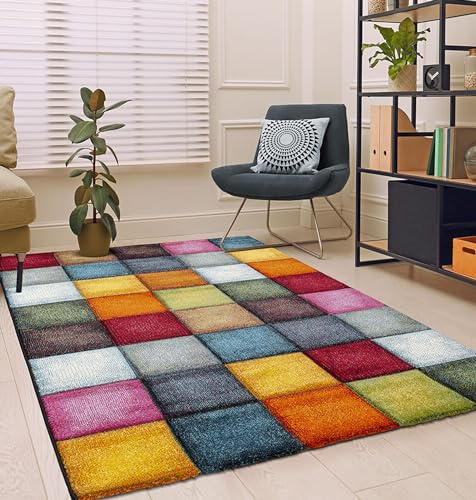 the carpet Monde Deluxe Wohnzimmer Teppich Hand Carved, Kurzflor, Farbenfroh, Bunt, Blau, Rot, Braun, Grün, Grau, Kariert, 160 x 230 cm