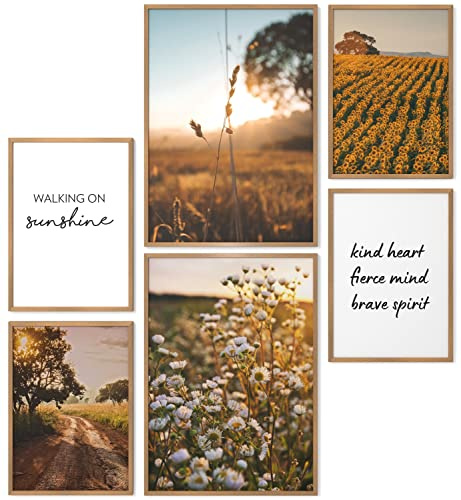Papierschmiede® Mood Poster Set Fields of Gold, Gerahmte Bilder (Rahmen: Material und Farbe wählbar), Wohnzimmer Deko Schlafzimmer, 2x A4 und 4x A5, Sonnenblumen Blüten Feldweg Sepia