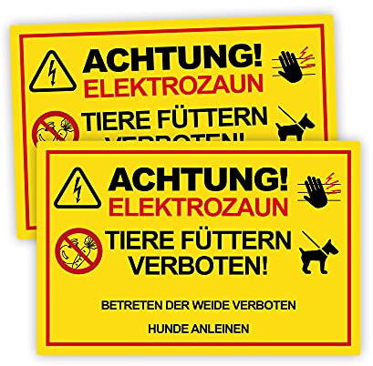 STROBO 2 Stück Achtung Elektrozaun! Tiere füttern und Betreten verboten! Hinweisschild | Stabile 3mm Hartschaumplatte als 30x20cm Schild mit UV-Schutz für den Außenbereich