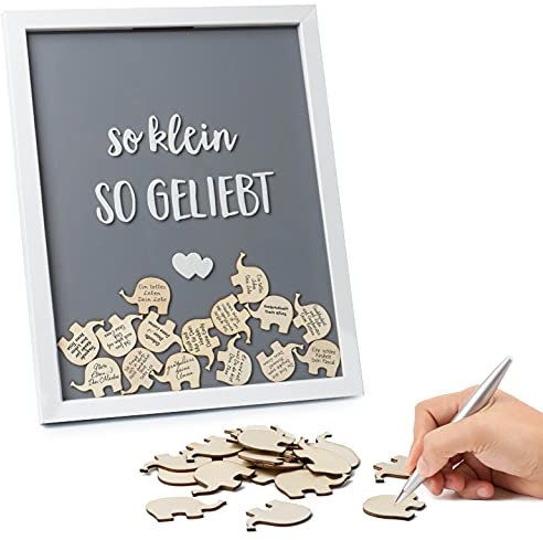 KNECKES Wünsche Bilderrahmen aus Holz | Babyparty Gästebuch Mädchen & Jungen | Gästebuch und Geschenk Babyparty | Baby Shower | Gästebuch für Geburtstag & Taufe | Babyshower Deko mit Holz-Elefanten