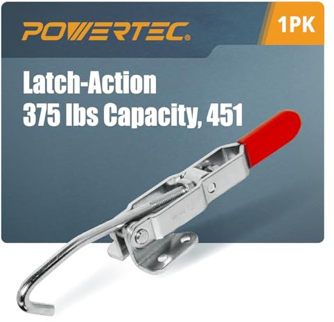 POWERTEC 1PK Toggle Clamp with J Hook, 375 lbs Holding Capacity, 451 Adjustable Pull Action Latch for Smoker, Tool Box, Woodworking Jigs and Fixtures, Cabinet, Tool Box, Door, Truck (20308V)