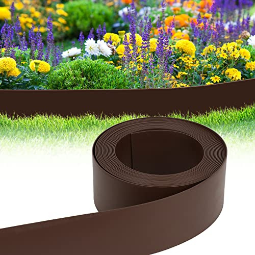 Herrselsam Bordo per prato in plastica per aiuole, bordo rotondo per aiuole curve, bordo invisibile, prato in plastica robusta (lunghezza 25 m, altezza 12,5 cm, marrone)
