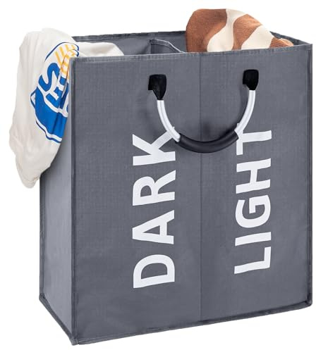 FB FunkyBuys 64L Foldable Laundry Basket, Large Laundry Bag with 2 Compartments, Washing Baskets for Laundry with Carry Handles, Labelled Light and Dark Laundry Bin for laundry Room and Bedroom