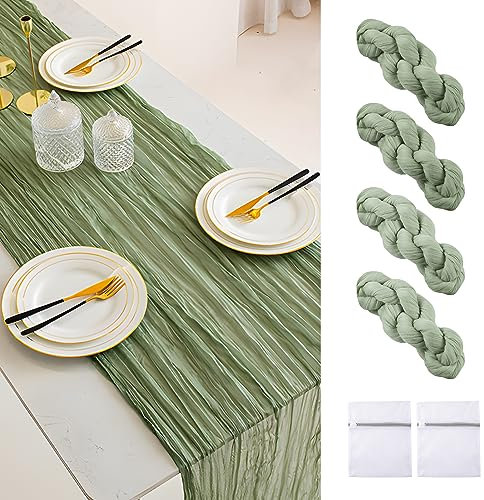 Tischläufer Salbeigrün, 4 Stück 90 x 300cm Seihtuch Tischdecke Grün, Rustikaler Halbtransparenter Table Runner, Musselin Tischband Eukalyptus Grün für Boho, Hochzeit, Babyparty Tischdekoration
