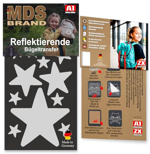 MDS Brand Reflektierende Aufbügler Set - Reflektoren Kinderkleidung (11-Stück) - Hohe Sichtbarkeit - Optimierte Haftung für Kleidung & Hosen (B-07, Silber)