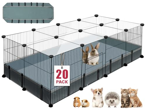 20 Panels Small Animal Playpen, 48 x 24 x 16 Pet Playpen with Waterproof Mat, C&C Cage for Guinea Pigs, Rabbit/Bunny/Baby Chicken Cage,Bunny/Puppy/Chicken Pen Indoor Outdoor Portable Metal Fence