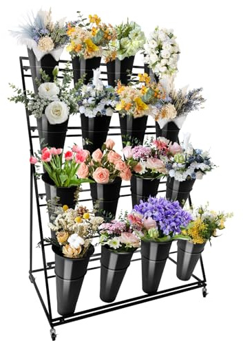 YTOXEO Flower Display Stand with Buckets, 4 Layers 16PCS Buckets Metal Flower Cart Display Stand with Wheels, for Patio Garden, Living Room (4 Layers Black Round Bucket)