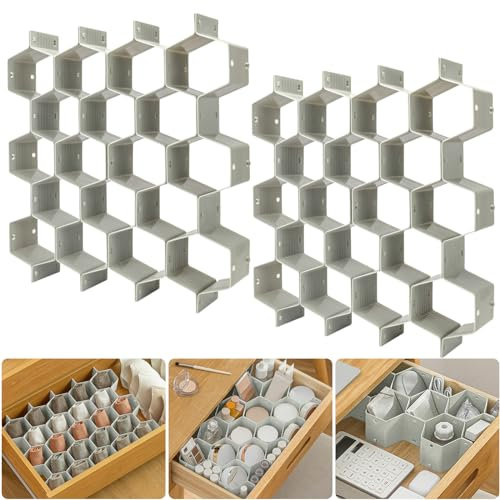 Bazasa Honeycomb - Organizer divisore per biancheria intima, separatore regolabile per calze, gioielli, cinture, cravatte, vestiti, trucco, articoli da ufficio (2 confezioni di colore grigio, 16