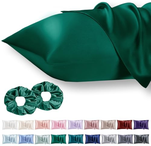 Vielit 2er Set Satin Kissenbezug 50x75 Grün, Weich wie Seidenkissenbezug,Bessere Pflege als Silk Pillosecase,Satin Kopfkissenbezug 50x75 Kissenhülle für Haar und Haut mit 2 Haargummis