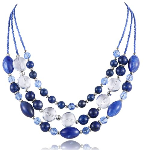 FULU AUTUMN Sapphire Layered Statement Necklace For Women Chunky Beaded Necklace Boho-Chic Casual Costume Jewelry Valentines Gifts