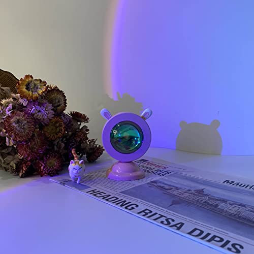Beufee Sunset Lamp, Mini Sunset Lamp Projector Room Decor Night Light Multicolor Changing LED Lights Mood Lighting Romantic Sunset Projector (Pink Rabbit Ears Plug-in Model-Rainbow Blue)