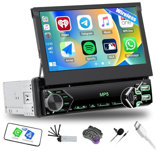 SIXWIN 1 Din Autoradio mit Wireless Carplay/Android Auto,7'' Manuell Ausfahrbares Touchscreen,1 din Bildschirm mit Mirror Link Bluetooth 5.0 FM EQ AUX USB Type-C+Lenkradsteuerung