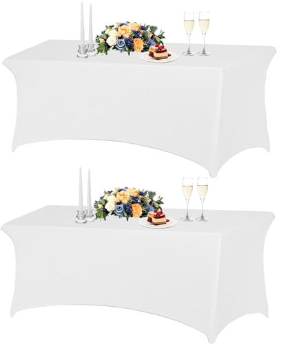TOROTON 2 Pack Spandex Table Cloth 6FT, Tight, Fitted, Washable and Wrinkle Resistant Stretch Rectangular Patio Table Cover for Wedding, Party, Event, Banquet, White, for 183Lx76Wx76H cm Table