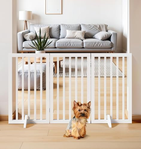 The Fellie Wooden Dog Gate, Freestanding Stair Gate with 2 Support Feet, Stair Gates for Dogs Indoor Barrier, Dog Stair Safety Gate for The House, Doorway, Stairs (139Wx80H, White)