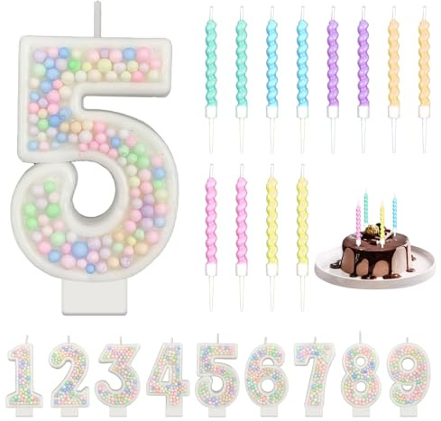 Macaron Number Candles, Pearl Sequins Birthday Candle, Pastel Numeral Birthday Cake Topper, Age with 12Pcs Spiral Candles, Candy Colour Candle for Girls Anniversary Party(1) (Number 5)