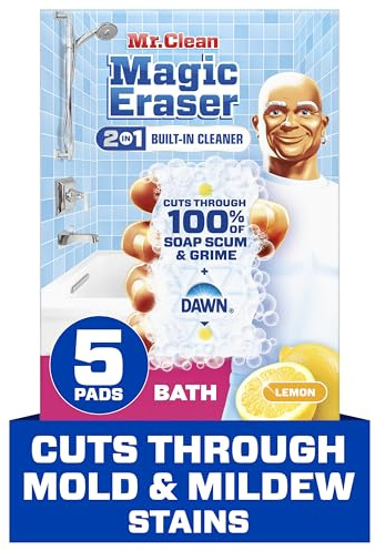 Mr. Clean Magic Eraser Sponge, Bathroom Cleaner, Shower Cleaner, Tub Cleaner, Soap Scum Remover, Bathroom Cleaning Supplies, Dawn Cleaning Power with Lemon Scent, 2 in 1 Bath, 5ct