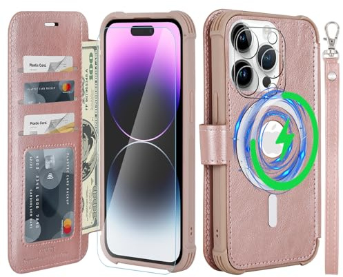 VANAVAGY Wallet Case for iPhone 14 Pro Max for Magsafe,Rose gold | PU Leather Flip,Slim,12ft Drop Protection,RFID Blocking Card Holder,Magsafe Wireless Charging,Includes Screen Protector
