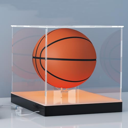 Vitrine en acrylique avec base d'éclairage LED RVB USB, double support à balles, contrôle par application et clé, boîte de présentation transparente pour basket-ball et mini casque, 30 x 20 x 20 cm